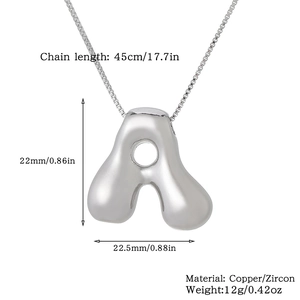 Detailed size chart for silver 3D letter A pendant with 45cm chain dimensions