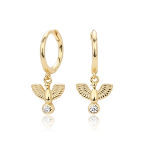 Detailed close-up of S925 sterling silver golden bird hoop earrings with zircon