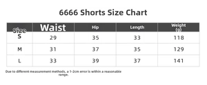 Size chart for seamless yoga shorts showing waist, hip, and length measurements