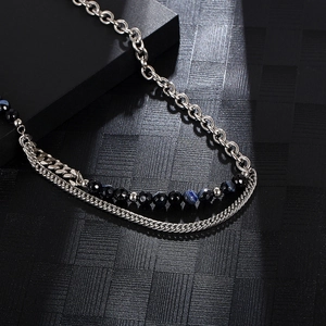 Layered titanium steel cuban link necklace with agate beads and silver box chain style