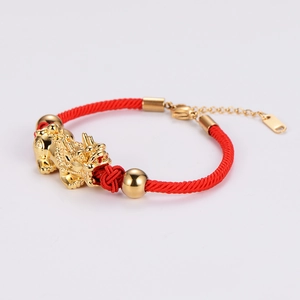 Lucky red string bracelet with golden Pi Xiu charm and adjustable lobster clasp