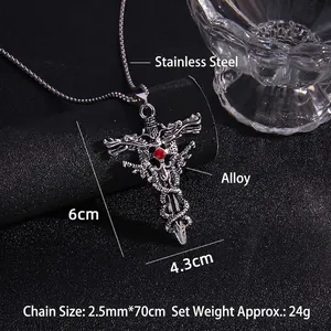 Punk style stainless steel cross necklace with double dragon design and a red rhinestone center