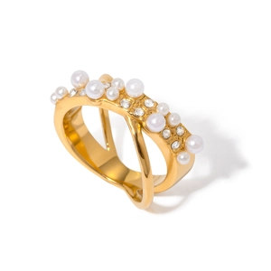 Elegant gold titanium steel cross ring featuring white pearls and sparkling crystals
