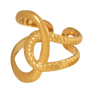 Irregular geometric 18K gold plated open ring with multilayered twist texture