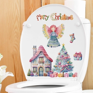 Pink Christmas Snow House Wall Stickers PVC Watercolor Angel Xmas Tree Decor For Window Bathroom Removable Art