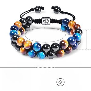 Double-layer braided tiger eye stone bracelet with adjustable tree of life charm