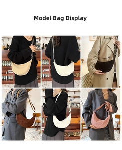 Collage of multi-color corduroy crescent bags showing various crossbody styling options