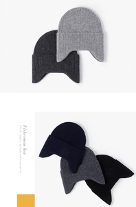 Detail of wool knit ear protection hats showing ribbed texture in gray and black tones