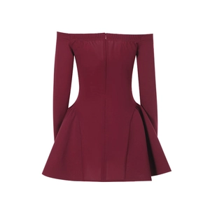 Close-up of wine red elegant dress showing the back invisible zipper and fabric texture