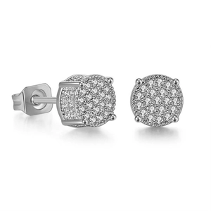 Men's hip hop silver round stud earrings with pave setting cubic zirconia stones