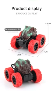 Detail view of T-Rex toy truck showing 7x7x5.5cm dimensions and large red off-road tires