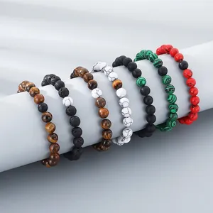 Men Beaded Bracelet Natural Tiger Eye Matte Black Agate Lava Stone White Turquoise Elastic Minimalist Jewelry Gift