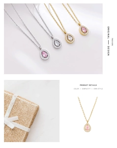 Close-up of teardrop zircon pendant necklace in gold and silver finish with gift box
