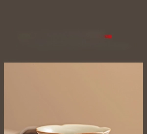 Macro detail of Ru-kiln ceramic teacup petal-shaped rim with vintage brown edge design