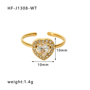 Detail view of 10mm gold heart ring with cubic zirconia inlay and 1.4g weight specs