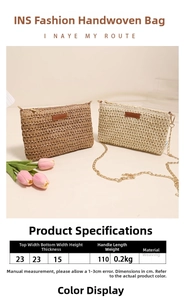 Detailed size specifications and material view for a rectangular woven straw clutch bag