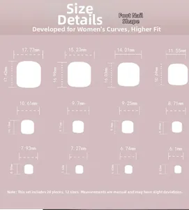 Size chart showing 12 different dimensions for French style floral press-on toenails