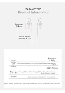 Detailed technical diagram of S925 silver bow earrings with tassel length specifications
