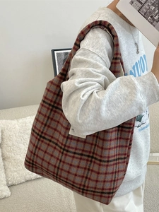 Vintage plaid wool tote bag with classic red and blue checkered pattern for women
