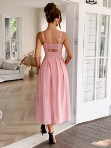 Elegant pink pleated maxi dress with thin straps and stylish back hollow out design