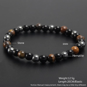 Detail view of 6mm Amazonite tiger eye stone beads and elastic hematite bracelet specifications