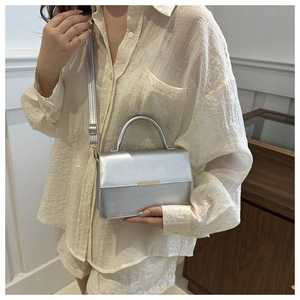 Detail of silver metallic crossbody bag showing rectangular buckle and detachable strap