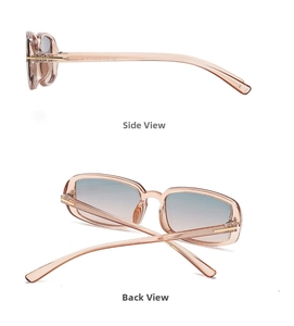 Detail view of transparent peach pink rectangular sunglasses with gold metal T-bar hinges