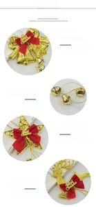 Detailed views of golden Christmas bell, star, and reindeer ornaments with red bows