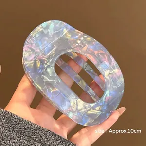 Detail of 10cm acetate hair claw clip with pearlescent finish and hollow oval design