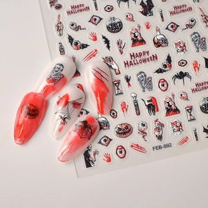 5D Halloween embossed nail stickers with skull, eyeball and pumpkin designs on white background
