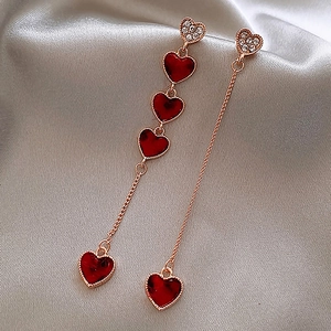 Asymmetric Red Heart Dangle Earrings For Women Alloy Rhinestone Jewelry With 925 Sterling Silver Earring Post