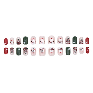Short Christmas press-on nails set with snowman and tree patterns in red and green colors