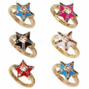 Star Open Ring Copper Cubic Zirconia Enamel Colorful Star Adjustable Bohemian Finger Jewelry
