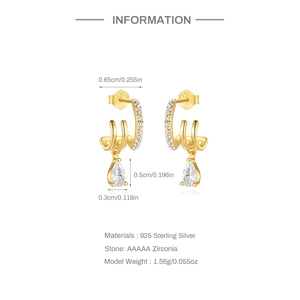 Detailed macro view showing dimensions of S925 sterling silver triple hoop earrings with zircon