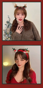 Detailed plush reindeer antler headband with pine cones and festive red holly berries