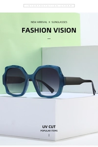 Detail of square oversized blue sunglasses with UV cut gradient lenses on geometric backdrop