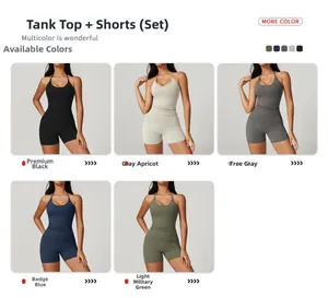 Detail view of 5 colors of halter yoga sets featuring high-waist shorts and racerback tops