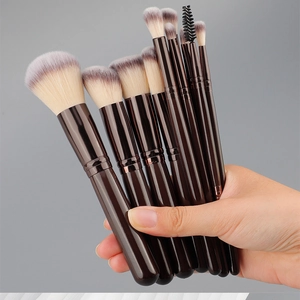 Detail view of 10 professional makeup brushes with soft gradient synthetic bristles