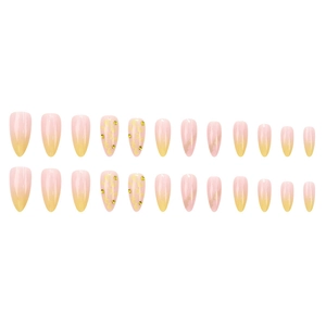 Unghie finte ombré rosa e gialle con motivi floreali e strass, set completo da 24 pezzi