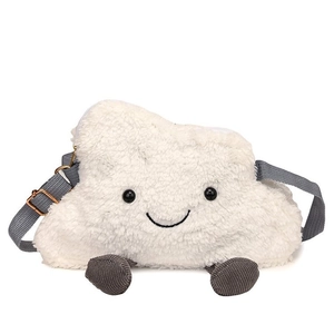 Cute white plush cloud crossbody bag with smiley face and grey dangling legs for women