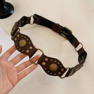 Retro brown leather geometric hollow waist belt with vintage brass sunflower rivets