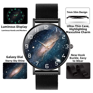 Detail view of ultra-thin 7mm men's quartz watch with luminous starry sky dial