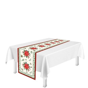 Christmas table runner with red poinsettia and pinecone prints on creamy white fabric