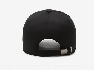 Detail of black cotton baseball cap showing adjustable metal buckle and back strap