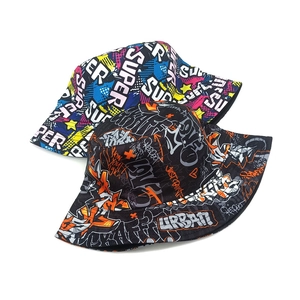 Graffiti print bucket hat with urban street style letters and colorful reversible canvas