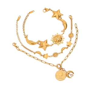 18k gold plated stainless steel celestial bracelet set with star moon and coin charms