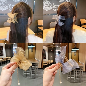 Mesh Bow Hair Claw Clip Elegant Alloy Metal Hair Accessory With Artificial Pearl Tassel Pendant For Women