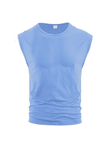 Detail view of the blue sleeveless sports vest collar with size label and fabric texture