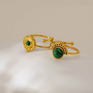 Adjustable gold plated stainless steel ring set with natural green malachite stones