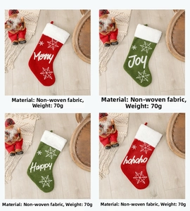 Detail of red and green plush Christmas stockings with Merry and Joy flocked patterns